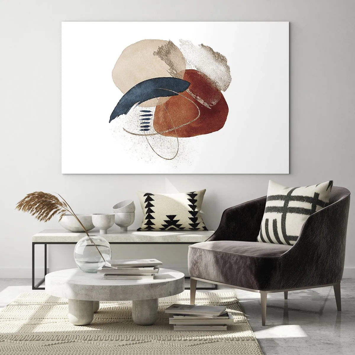 Tablou pe sticlă - compoziție abstractă în nuanțe calde cu elemente acvatice. - 70x50cm - Compoziție ovală - Decorațiune modernă pentru perete pentru living și dormitor ARTTOR