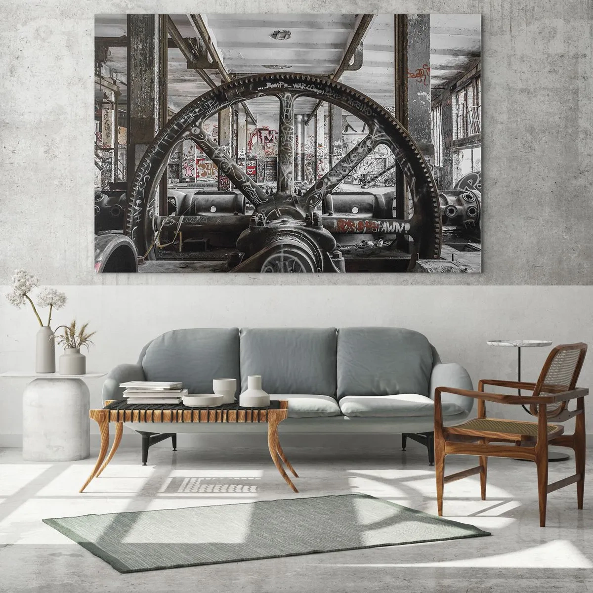 Tablou pe sticlă - Interior industrial istoric cu o roată dințată - 70x50cm - Viața secretă a unei fabrici - Decorațiune modernă pentru perete pentru living și dormitor ARTTOR