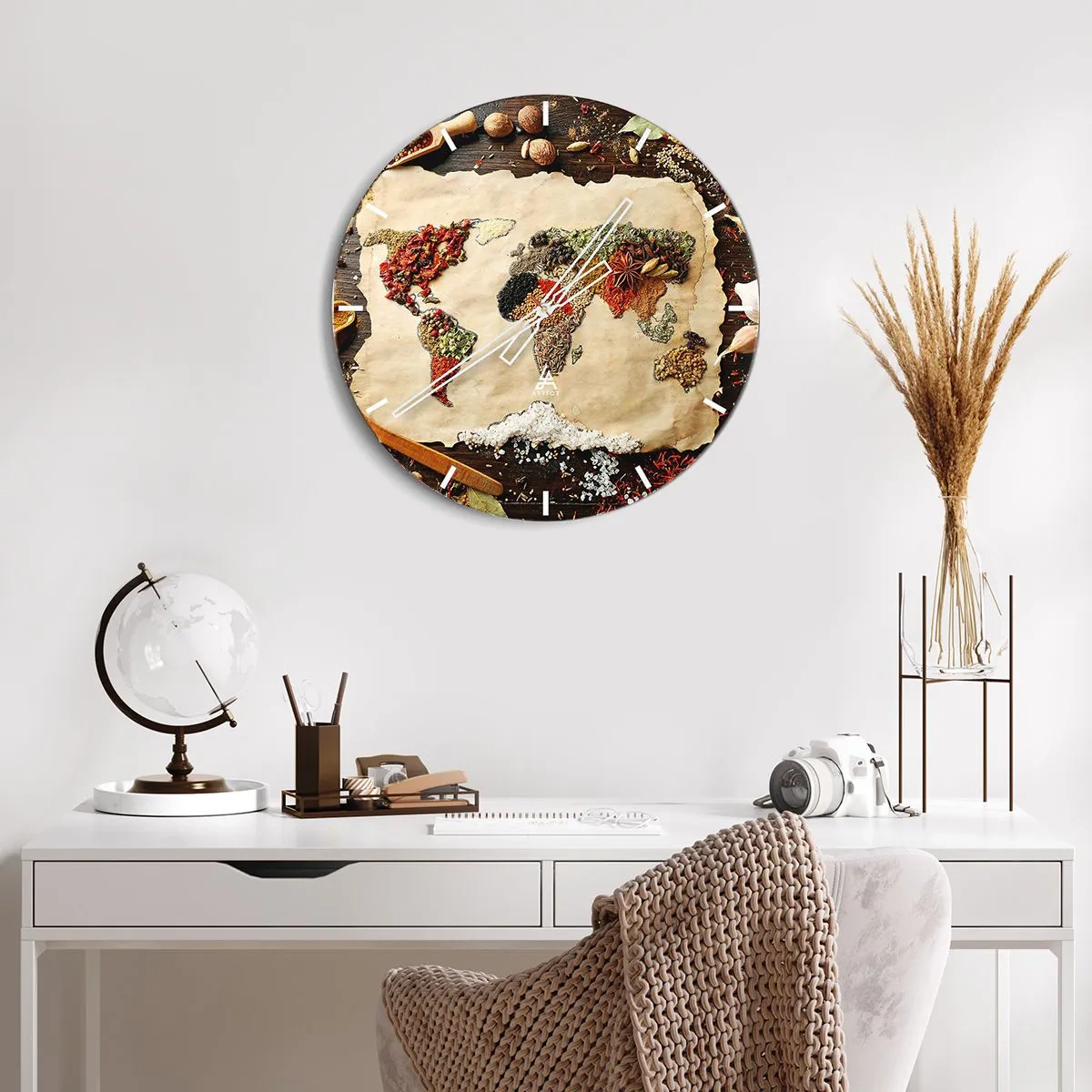 Ceas de perete - Ceas pe sticlă - Hartă a lumii făcută din condimente pe un fundal de lemn - 30x30cm - Toate gusturile lumii - Decorațiune modernă pentru perete pentru living, bucătărie și dormitor ARTTOR