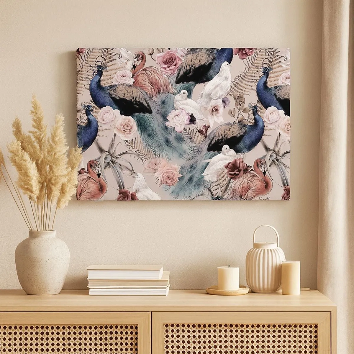 Tablou pe pânză Canvas - Un peisaj cu pene de păun, trandafiri și păsări într-un stil romantic. - 70x50cm - În grădina palatului - Decorațiune modernă pentru perete pentru living și dormitor ARTTOR