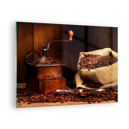 Tablou pe sticlă - O râșniță de cafea veche cu boabe și un plic de cafea - 70x50cm - Natură moartă cu boabe de cafea și măcinător - Decorațiune modernă pentru perete pentru living și dormitor ARTTOR