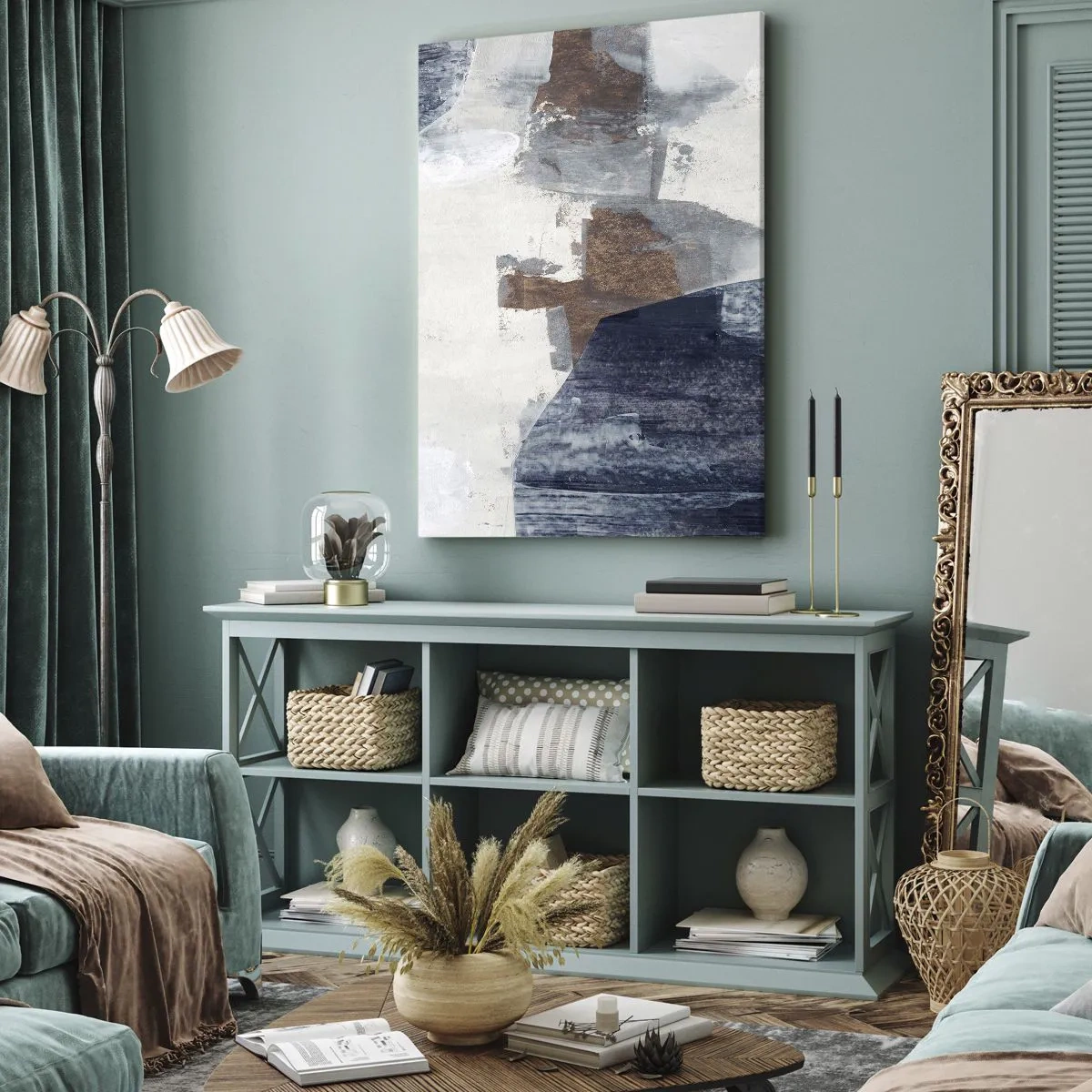 Tablou pe pânză - Forme albastre-maronii - 65x120 cm