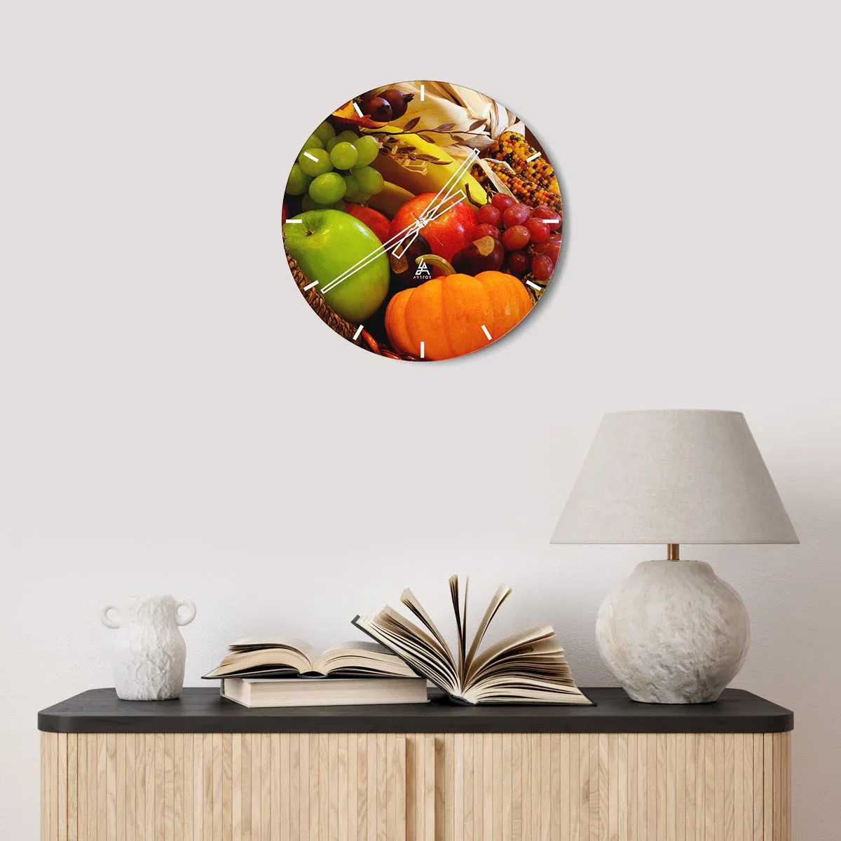 Ceas de perete - Ceas pe sticlă - Fructe și legume de toamnă într-un coș - 30x30cm - Coșul de recoltă - Decorațiune modernă pentru perete pentru living, bucătărie și dormitor ARTTOR