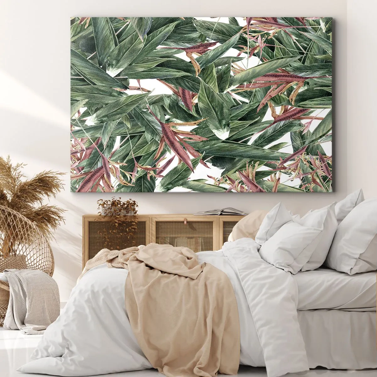 Tablou pe pânză Canvas - Un motiv decorativ de frunze în nuanțe de verde și vișiniu pe un fundal deschis - 70x50cm - Tufișuri de smarald și liliac - Decorațiune modernă pentru perete pentru living și dormitor ARTTOR