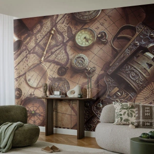Tapet Premium Canvas - Sugestii de aventură - Harta lumii, Busolă, Revolver - 250x175 cm
