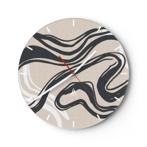 Ceas de perete - Ceas pe sticlă - Curbe negre pe un fundal bej într-un stil grafic - 30x30cm - Expresie multiplicată - Decorațiune modernă pentru perete pentru living, bucătărie și dormitor ARTTOR