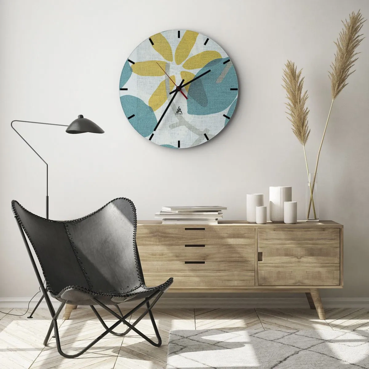 Ceas de perete - Ceas pe sticlă - Printre frunzele de azur - 40x40 cm