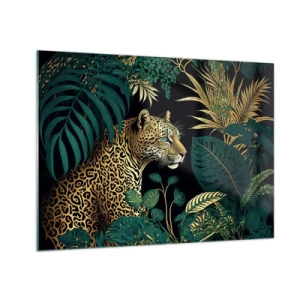 Tablou pe sticlă - Un leopard printre frunze tropicale pe un fundal întunecat - 70x50cm - Domnitorul junglei - Decorațiune modernă pentru perete pentru living și dormitor ARTTOR