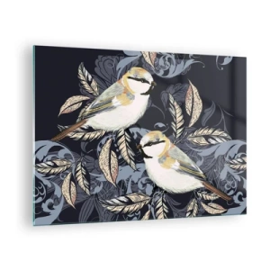 Tablou pe sticlă - Ilustrație a două păsări pe un fundal întunecat cu ornamente - 70x50cm - Ciripirile galben-albastru - Decorațiune modernă pentru perete pentru living și dormitor ARTTOR