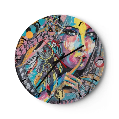 Ceas de perete - Ceas pe sticlă - Față colorată cu pene și model geometric - 30x30cm - Taci până când înțelegi - Decorațiune modernă pentru perete pentru living, bucătărie și dormitor ARTTOR