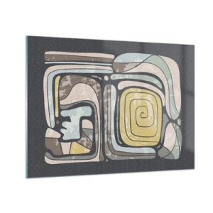 Tablou pe sticlă - Abstracție geometrică în tonuri pământii pe fundal negru - 70x50cm - Abstracție în spirit precolumbian - Decorațiune modernă pentru perete pentru living și dormitor ARTTOR