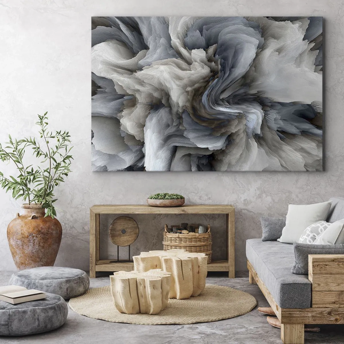 Tablou pe pânză Canvas - Vârtej abstract în nuanțe de gri și albastru - 70x50cm - Piatră și floare - Decorațiune modernă pentru perete pentru living și dormitor ARTTOR