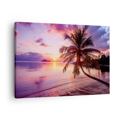Tablou pe pânză Canvas - Plajă tropicală cu palmier la apus - 70x50cm - Euforie până la orizont - Decorațiune modernă pentru perete pentru living și dormitor ARTTOR