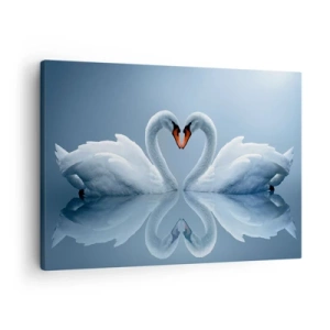 Tablou pe pânză Canvas - Două lebede formând o inimă pe o suprafață calmă a apei - 70x50cm - Timp pentru dragoste - Decorațiune modernă pentru perete pentru living și dormitor ARTTOR