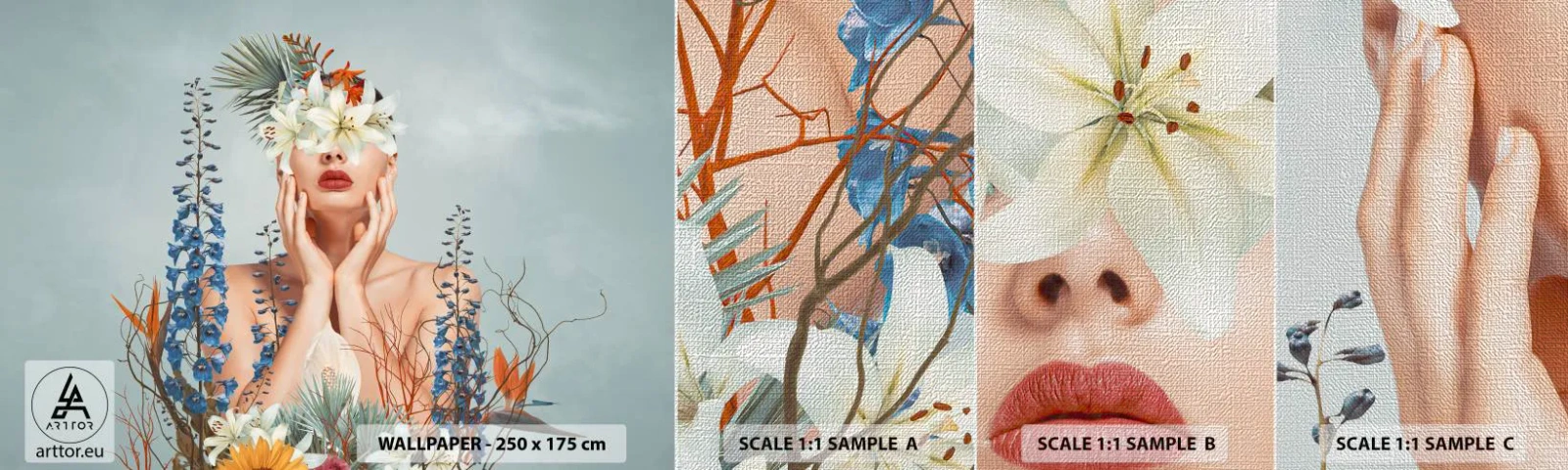 Mostră tapet Premium Canvas - Femeia floare - Abstracția, Femeie, Flori - 100x30 cm