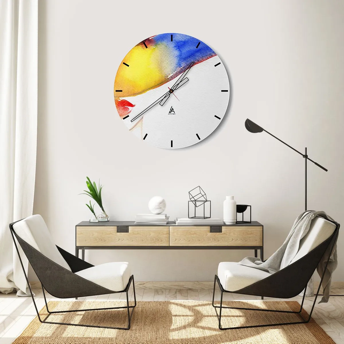 Ceas de perete - Ceas pe sticlă - Portret abstract cu stropi de acuarelă - 30x30cm - Portretul unei doamne    - Decorațiune modernă pentru perete pentru living, bucătărie și dormitor ARTTOR