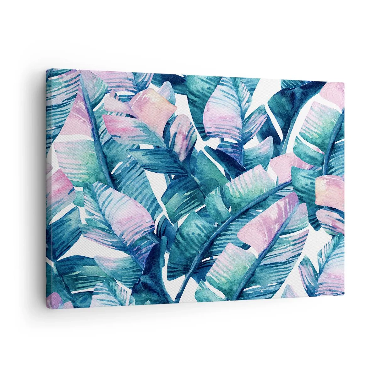 Tablou pe pânză Canvas - Frunze de bananier în nuanțe de albastru și roz - 70x50cm - Într-o livadă de banane - Decorațiune modernă pentru perete pentru living și dormitor ARTTOR