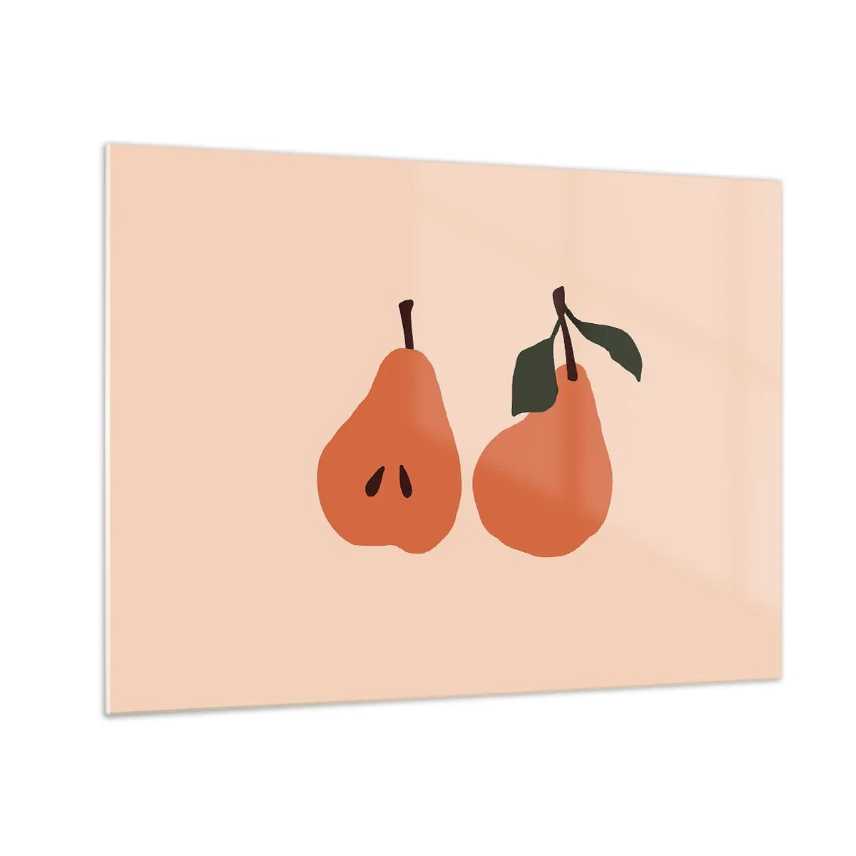 Tablou pe sticlă - Ilustrație a două pere pe un fundal bej într-un stil minimalist - 70x50cm - Dulceața în sine - Decorațiune modernă pentru perete pentru living și dormitor ARTTOR