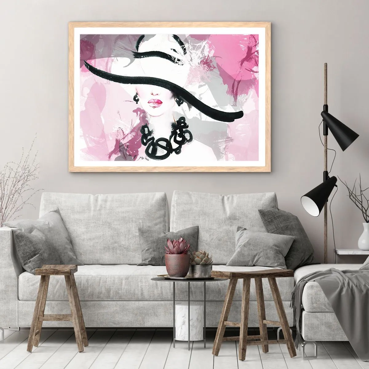 Poster în ramă de stejar deschis - Studiu unei dame în negru și roz - 40x30 cm