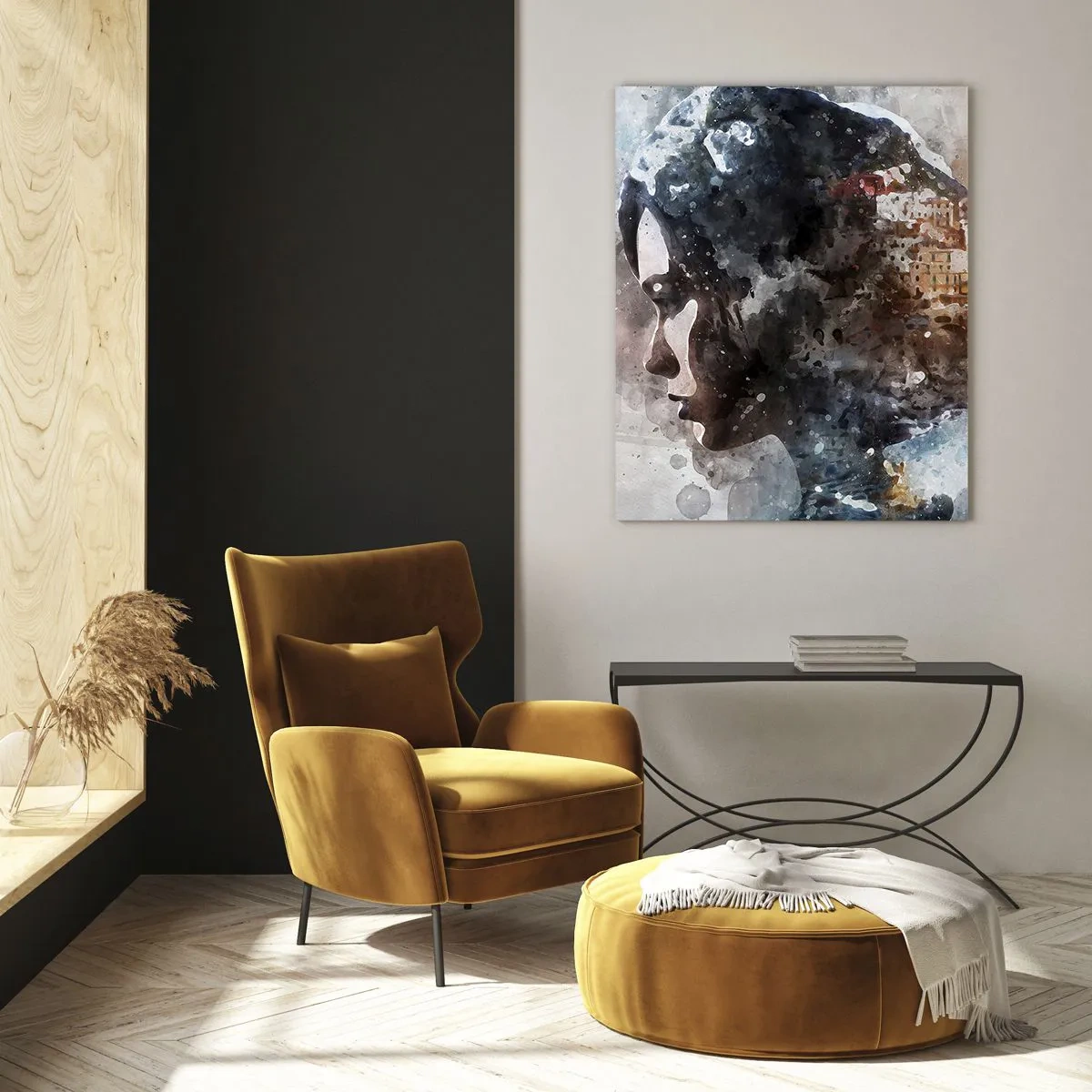 Tablou pe sticlă - Povestea unei fete cu un oraș în fundal - 50x70 cm