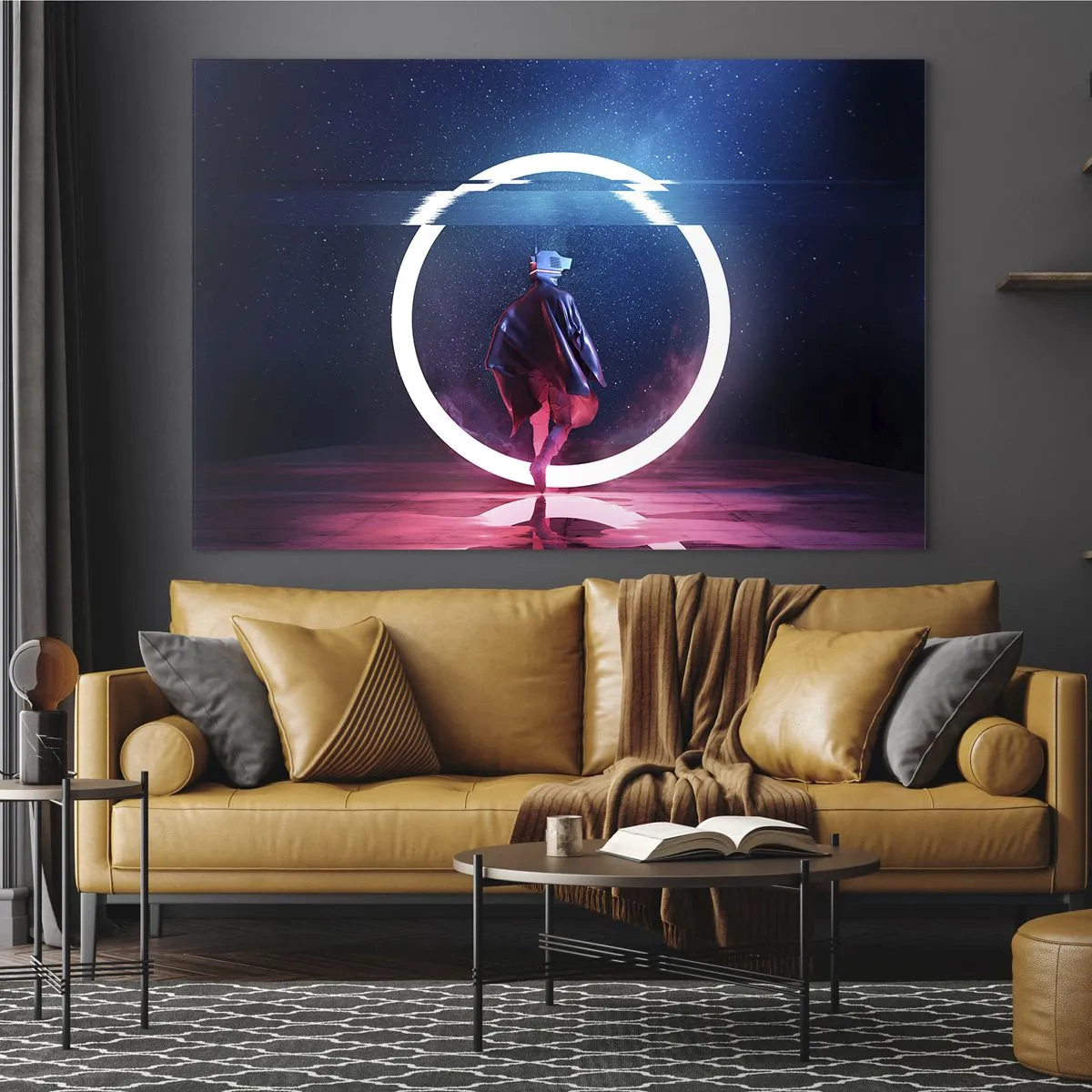 Tablou pe sticlă - O figură într-un decor futurist cu un inel neon - 70x50cm - Între lumi - Decorațiune modernă pentru perete pentru living și dormitor ARTTOR