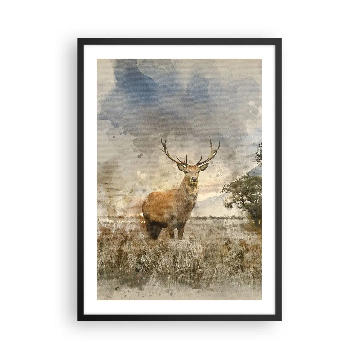 Poster în ramă neagră - Cerb pe un fundal natural într-un stil pictural - 50x70cm - Demnitate - putere - măreție - Decorațiune modernă pentru perete pentru living și dormitor ARTTOR
