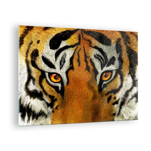 Tablou pe sticlă - Prim-plan al privirii intense a tigrului - 70x50cm - Amenințător și frumos - Decorațiune modernă pentru perete pentru living și dormitor ARTTOR