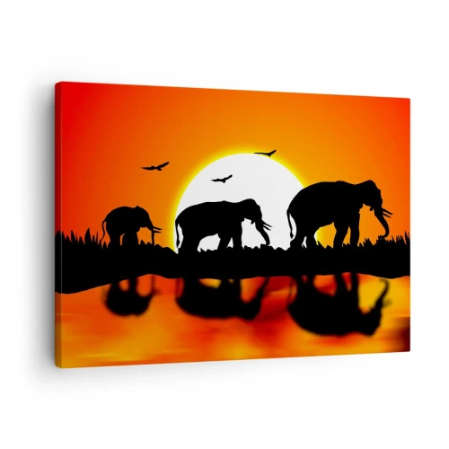 Tablou pe pânză Canvas - Siluete de elefanți la apus peste apă cu reflecție - 70x50cm - Și seara pentru un pahar - Decorațiune modernă pentru perete pentru living și dormitor ARTTOR