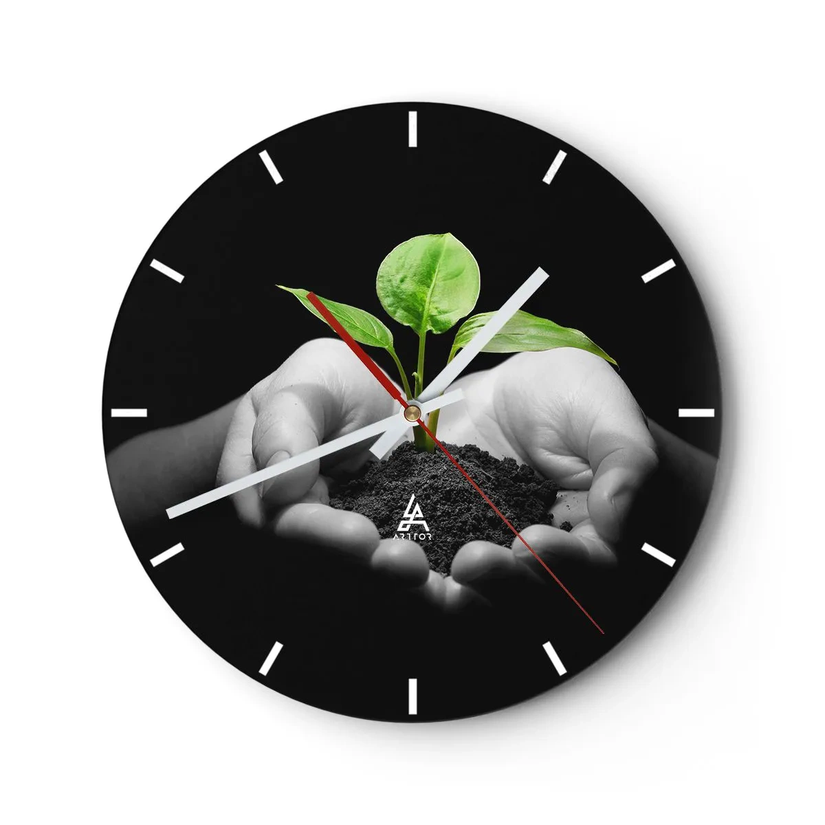 Ceas de perete - Ceas pe sticlă - O vlăstă verde ținută în mâini pe un fundal negru - 30x30cm - Iubesc natura, o protejez - Decorațiune modernă pentru perete pentru living, bucătărie și dormitor ARTTOR