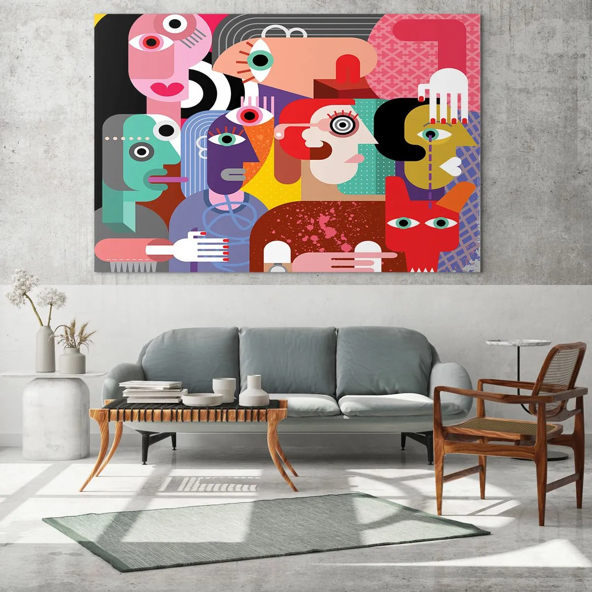 Tablou pe sticlă - Compoziție abstractă de fețe în culori vii - 70x50cm - Am venit de la domnul Picasso - Decorațiune modernă pentru perete pentru living și dormitor ARTTOR