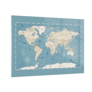 Tablou pe sticlă - Hartă a lumii stilizată pe fundal albastru - 70x50cm - Lumea la îndemână - Decorațiune modernă pentru perete pentru living și dormitor ARTTOR