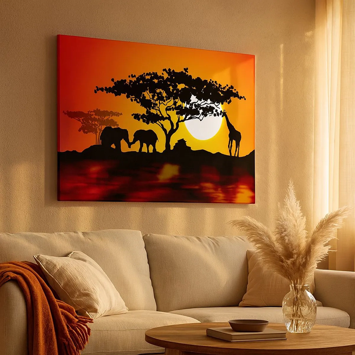 Tablou pe pânză Canvas - Apus de soare african cu siluete de elefanți și girafe deasupra apei - 70x50cm - Întâlnire în savană - Decorațiune modernă pentru perete pentru living și dormitor ARTTOR