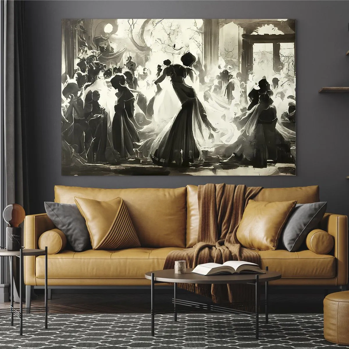Tablou pe sticlă - O scenă de sală de bal în stil retro cu figuri dansatoare - 70x50cm - Marea mascaradă - Decorațiune modernă pentru perete pentru living și dormitor ARTTOR