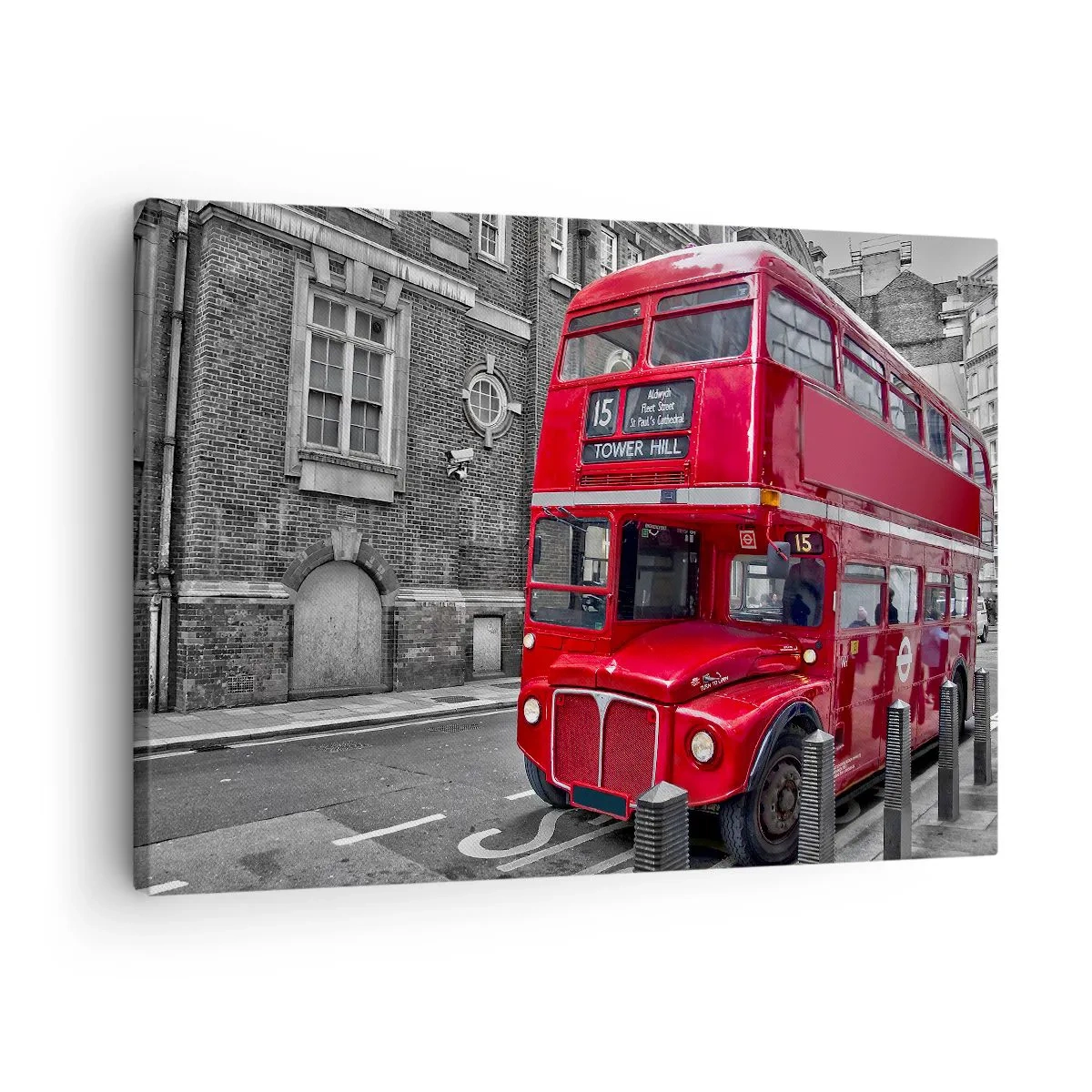 Tablou pe pânză Canvas - Un autobuz roșu cu etaj în Londra, pe fundalul unei arhitecturi clasice - 70x50cm - Întotdeauna la fel - Decorațiune modernă pentru perete pentru living și dormitor ARTTOR