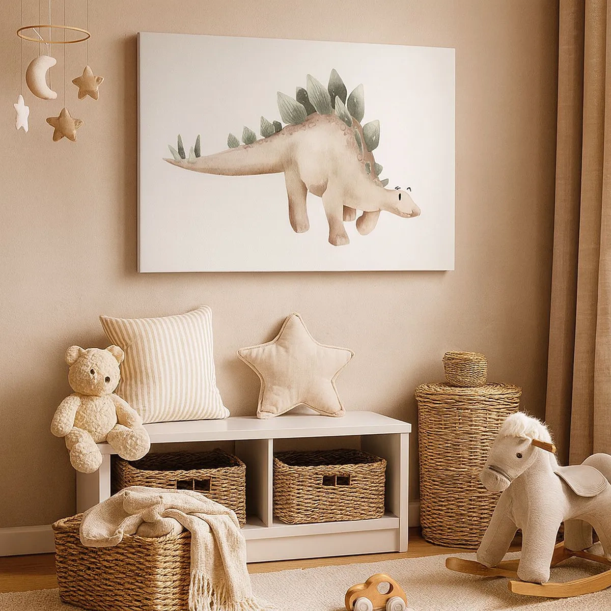 Tablou pe pânză Canvas - Un dinozaur drăguț în culori pastelate - 70x50cm - Prietenul tău - Decorațiune modernă pentru perete pentru living și dormitor ARTTOR