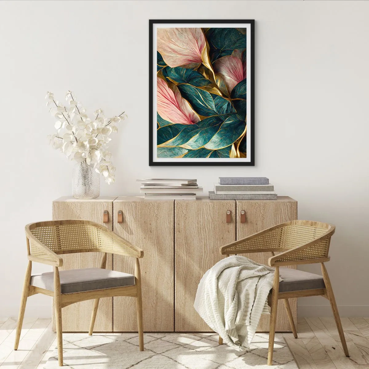 Poster în ramă neagră - O compoziție elegantă de frunze în nuanțe de verde, auriu și roz - 50x70cm - Eleganța naturală și stil - Decorațiune modernă pentru perete pentru living și dormitor ARTTOR