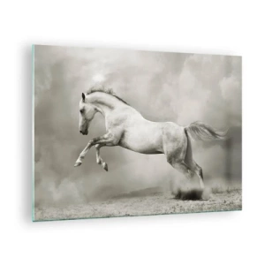 Tablou pe sticlă - Un cal alb sărind pe nori - 70x50cm - Între veghe și visare - Decorațiune modernă pentru perete pentru living și dormitor ARTTOR