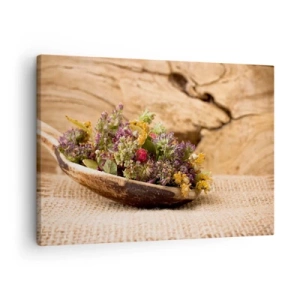 Tablou pe pânză Canvas - Ierburi uscate într-o lingură de lemn pe un fundal natural de lemn - 70x50cm - Flori colorate și ierburi parfumate - Decorațiune modernă pentru perete pentru living și dormitor ARTTOR