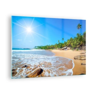 Tablou pe sticlă - Plajă tropicală cu palmieri și valuri sub un cer albastru - 70x50cm - Un loc exotic pentru tine - Decorațiune modernă pentru perete pentru living și dormitor ARTTOR