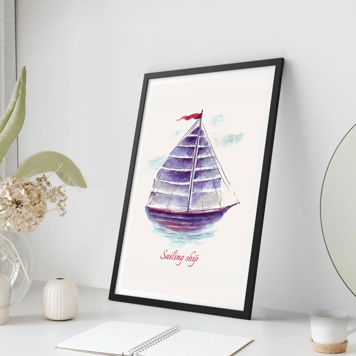 Poster în ramă neagră - Ilustrație în acuarelă a unei nave cu pânze pe ape calme - 50x70cm - Pânze pline și apă calmă - Decorațiune modernă pentru perete pentru living și dormitor ARTTOR