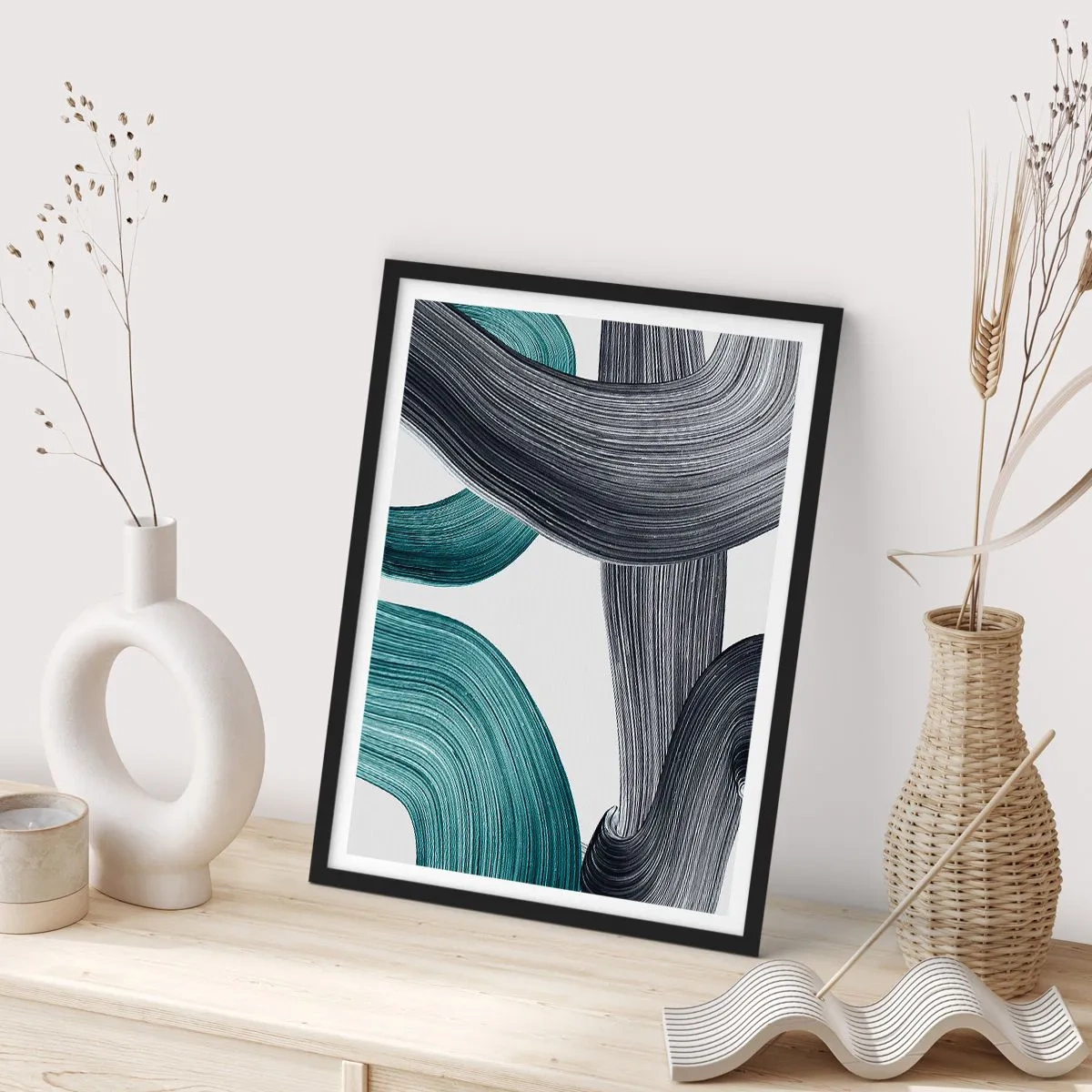 Poster în ramă neagră - Trasee de smarald și negru - 70x100 cm