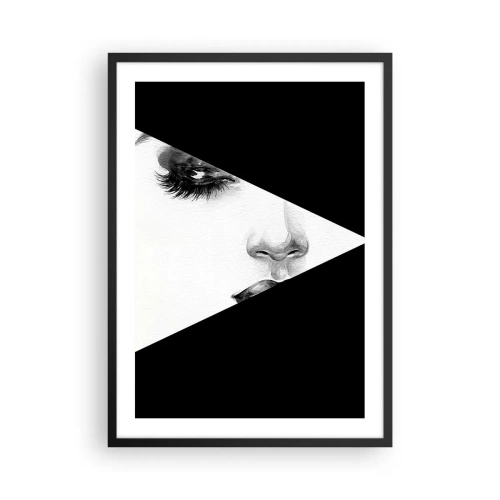 Poster în ramă neagră - Un portret minimalist al unei femei în alb și negru, cu o diviziune geometrică. - 50x70cm - Mereu nedescoperită - Decorațiune modernă pentru perete pentru living și dormitor ARTTOR