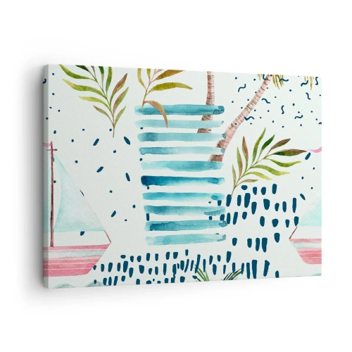 Tablou pe pânză Canvas - Model abstract cu palmieri și accente nautice - 70x50cm - Vacanță sub palmieri - Decorațiune modernă pentru perete pentru living și dormitor ARTTOR