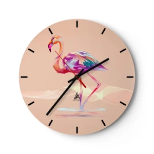 Ceas de perete - Ceas pe sticlă - Flamingo cu model geometric pe fundal bej - 30x30cm - Pasăre de emoție bună - Decorațiune modernă pentru perete pentru living, bucătărie și dormitor ARTTOR