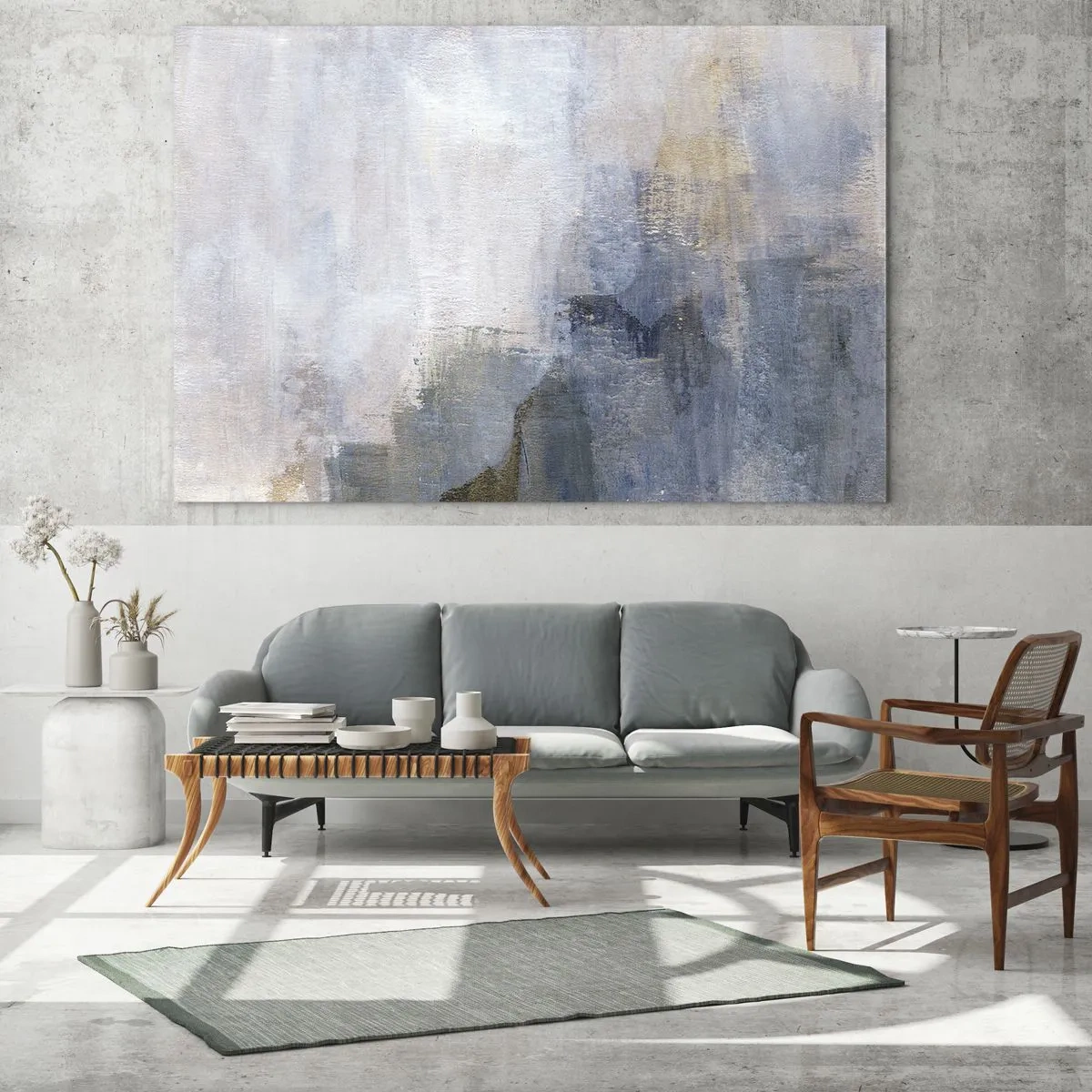 Tablou pe sticlă - O compoziție abstractă în tonuri reci de albastru și bej. - 70x50cm - Tonuri și acorduri de culoare - Decorațiune modernă pentru perete pentru living și dormitor ARTTOR