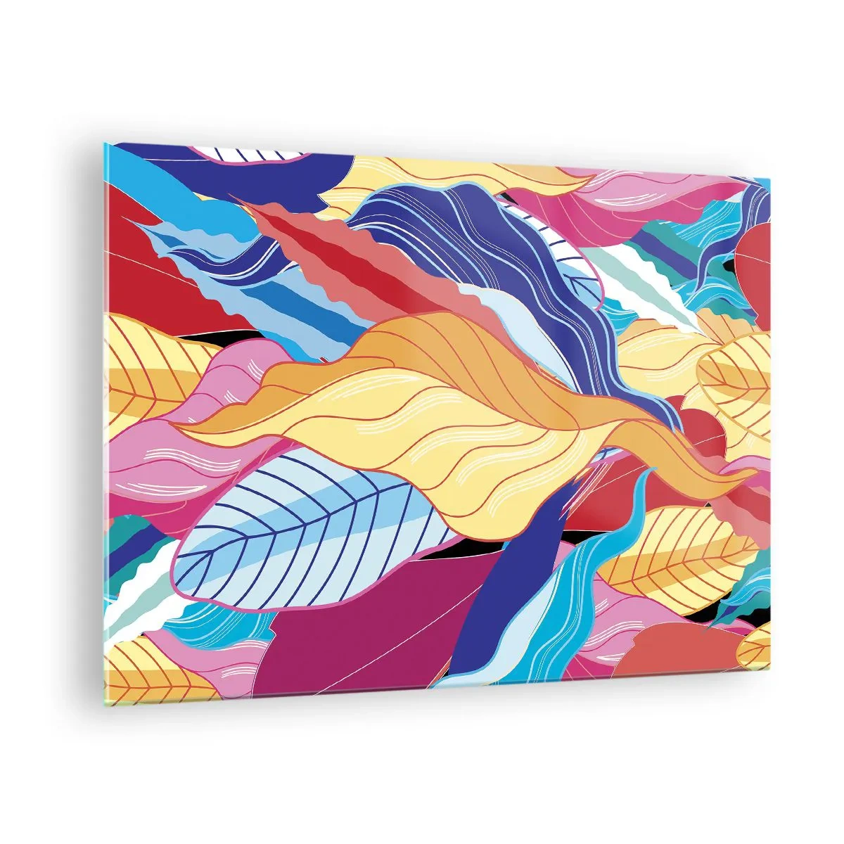 Tablou pe sticlă - Frunze abstracte colorate pe un fundal de sticlă - 70x50cm - O dezordine colorată - Decorațiune modernă pentru perete pentru living și dormitor ARTTOR