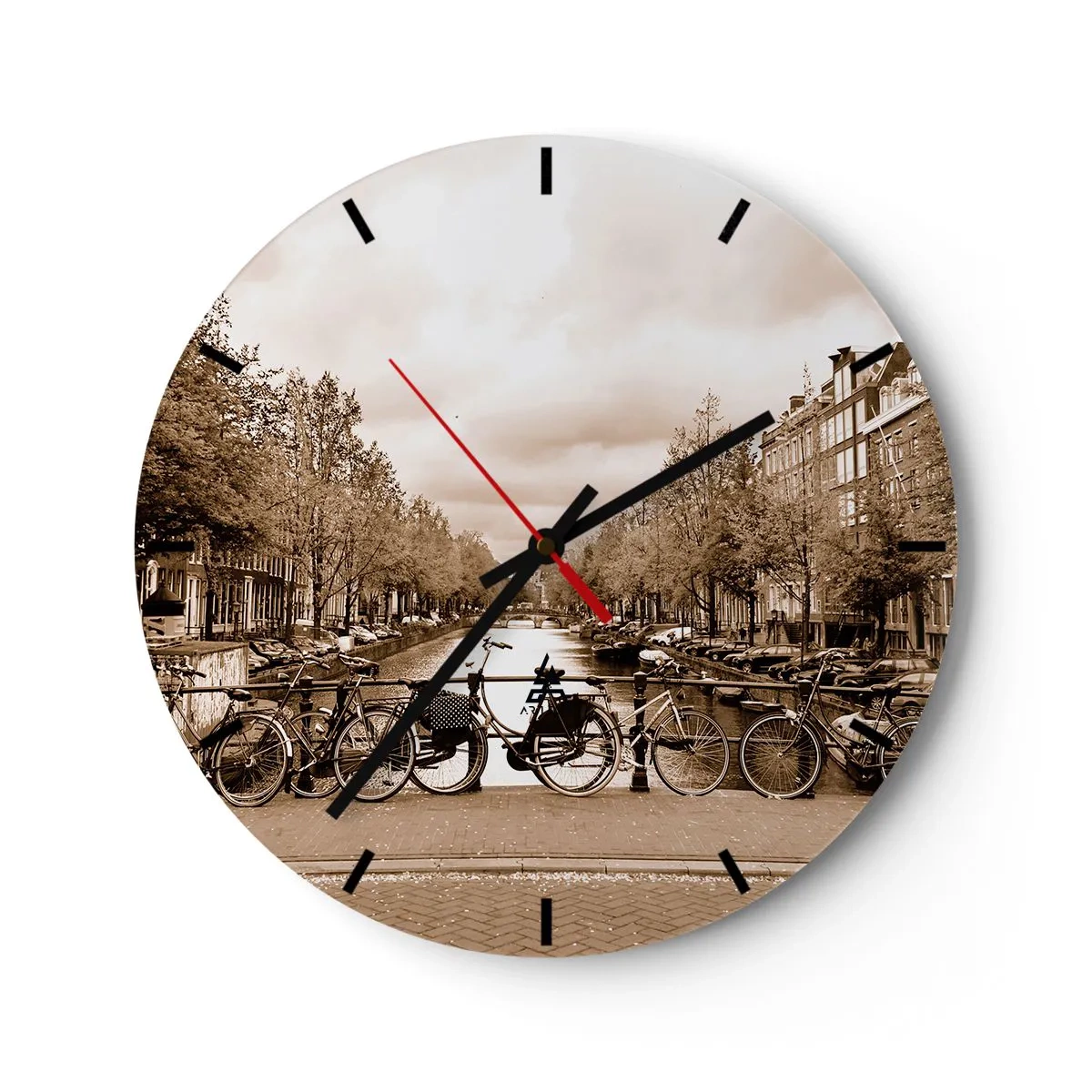 Ceas de perete - Ceas pe sticlă - Canalul Sepia Bike - 30x30cm - Atmosfera olandeză - Decorațiune modernă pentru perete pentru living, bucătărie și dormitor ARTTOR