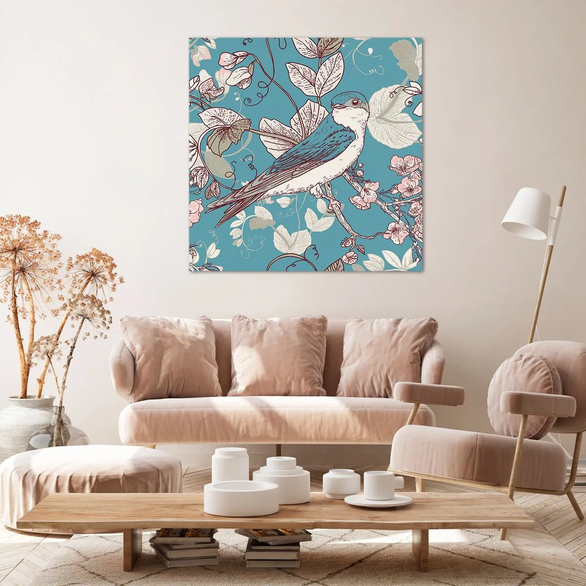 Tablou pe pânză - Ciripit în florile albe - 60x60 cm