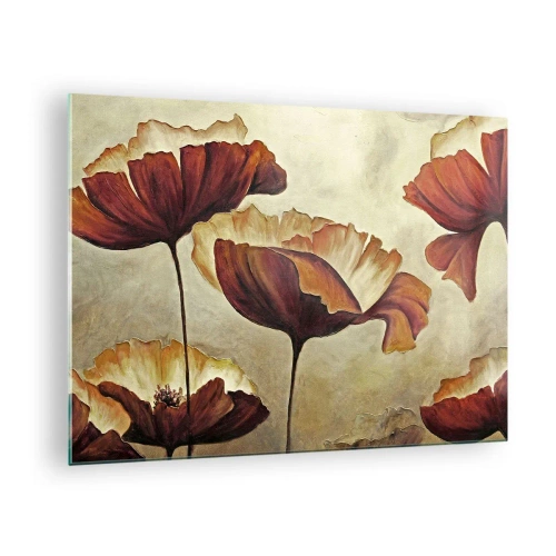 Tablou pe sticlă - Flori de mac în nuanțe de roșu și auriu pe un fundal deschis - 70x50cm - Lunca - Decorațiune modernă pentru perete pentru living și dormitor ARTTOR