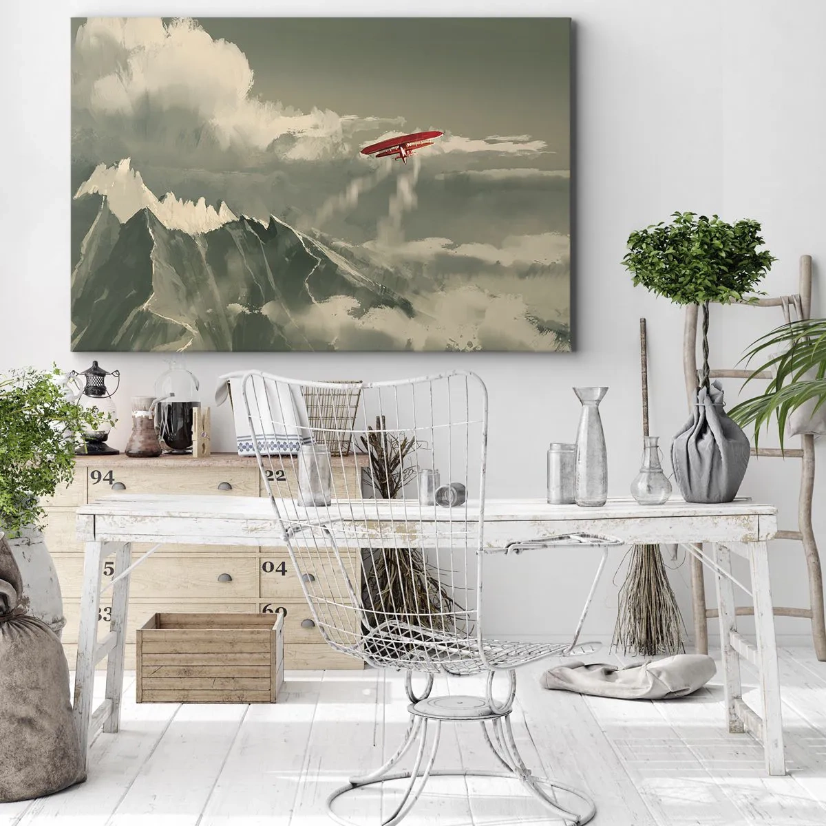 Tablou pe pânză Canvas - Avion roșu peste munți acoperiți de zăpadă - 70x50cm - Un pionier neînfricat - Decorațiune modernă pentru perete pentru living și dormitor ARTTOR